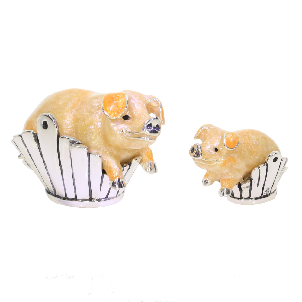 Saturno Sterling Silver and enamel Pigs in baskets ornaments