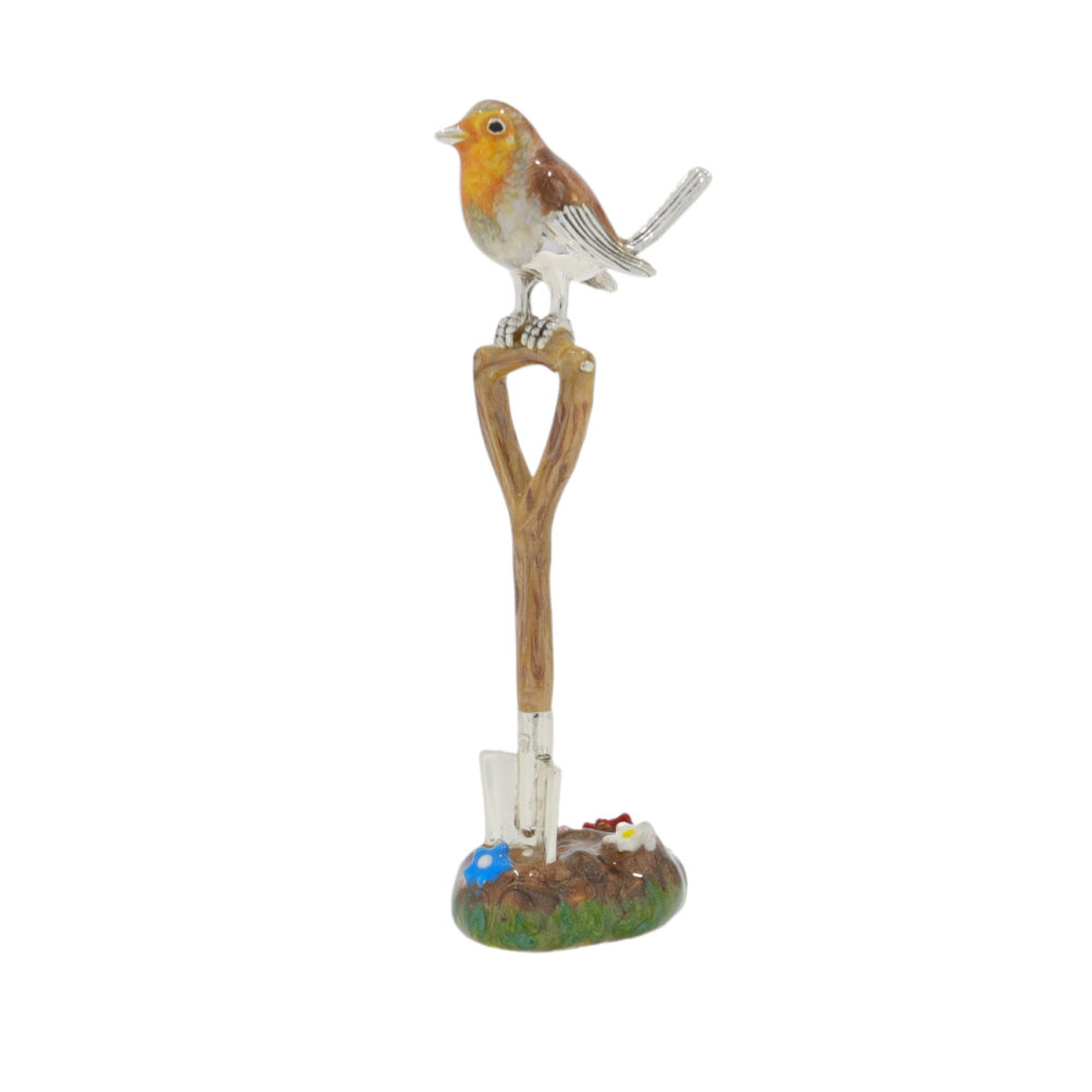 Saturno Sterling Silver and enamel Robin on a Spade