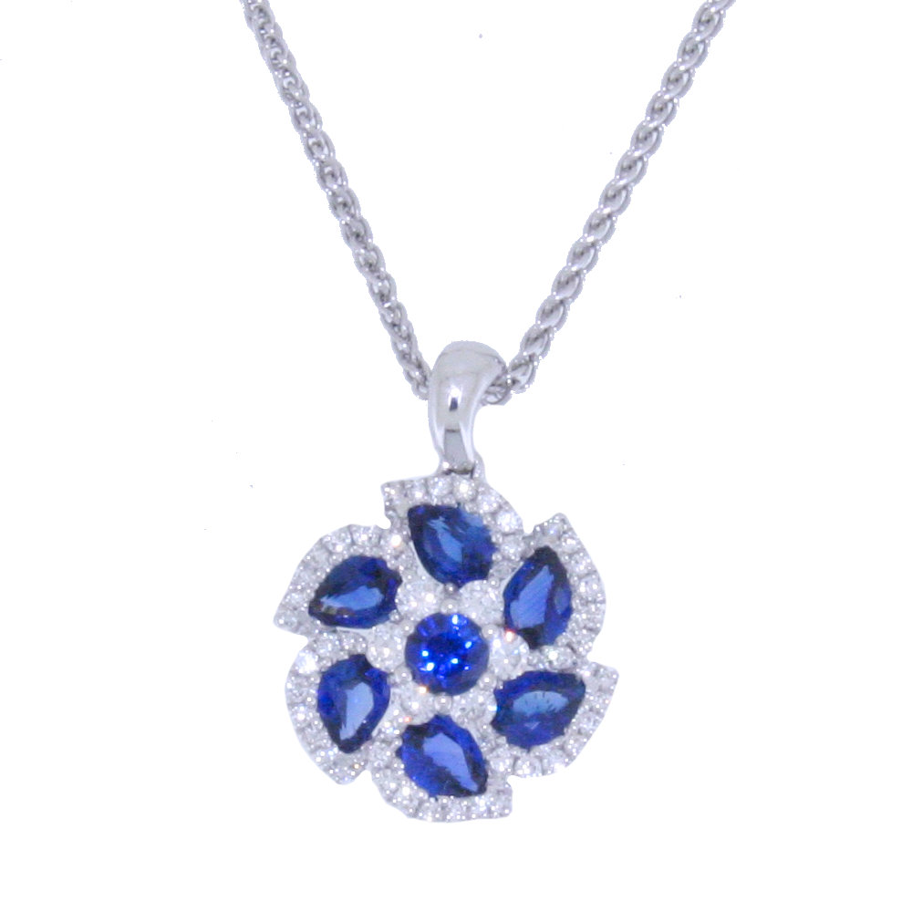 Sapphire and Diamond Flower cluster pendant, 18ct white gold mount and necklet