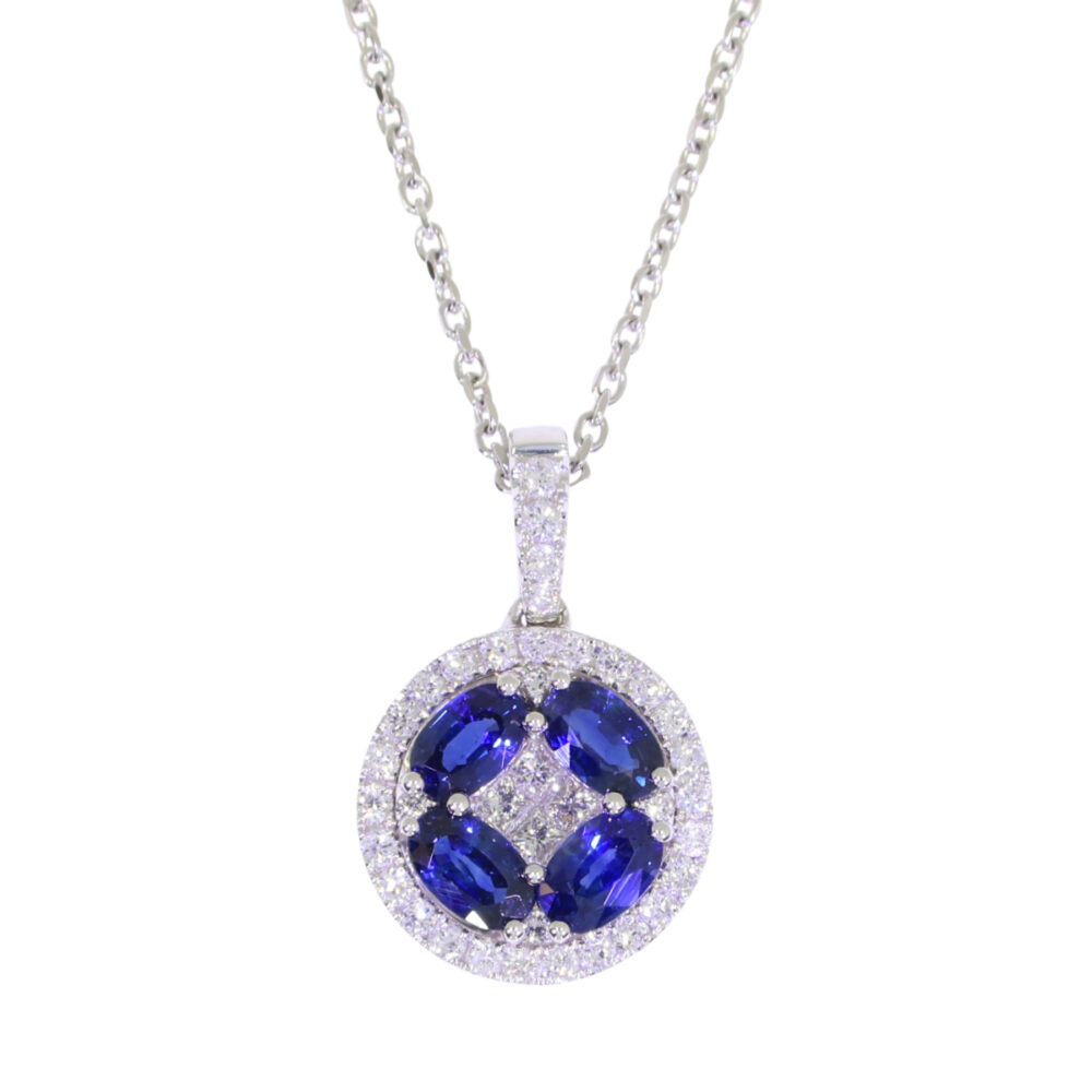 Sapphire and diamond circular cluster pendant, 18ct white gold mount and necklet