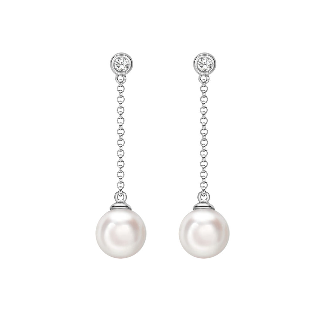 Akoya cultured pearl and diamond long drop two stone earrings, 18ct white gold mounts