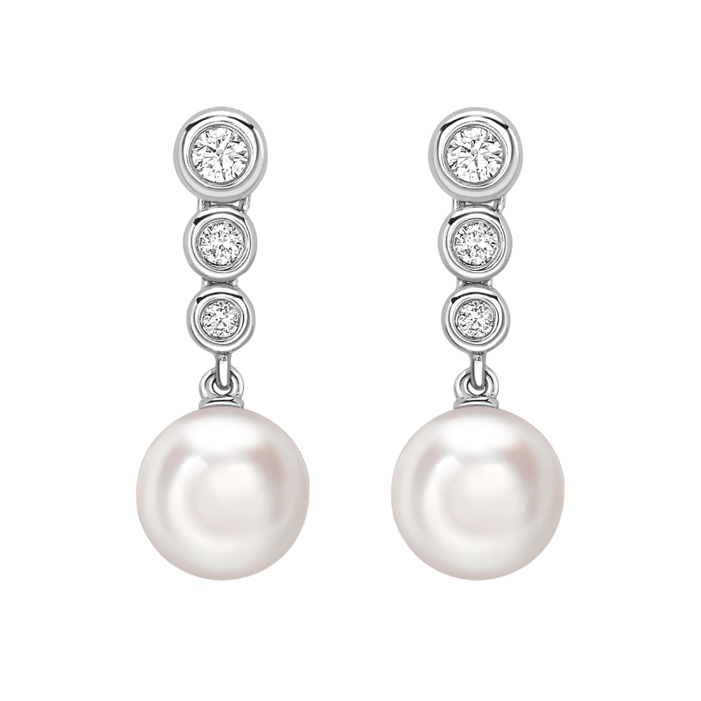 Akoya cultured pearl and graduated diamond drop earrings, 18ct white gold mounts