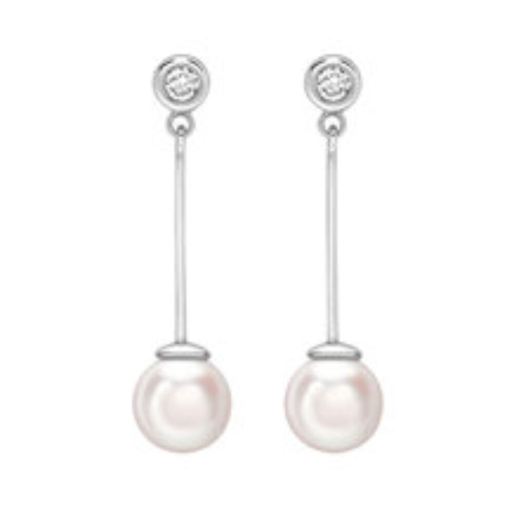 Cultured pearl and diamond two stone long drop earrings, 18ct white gold mounts