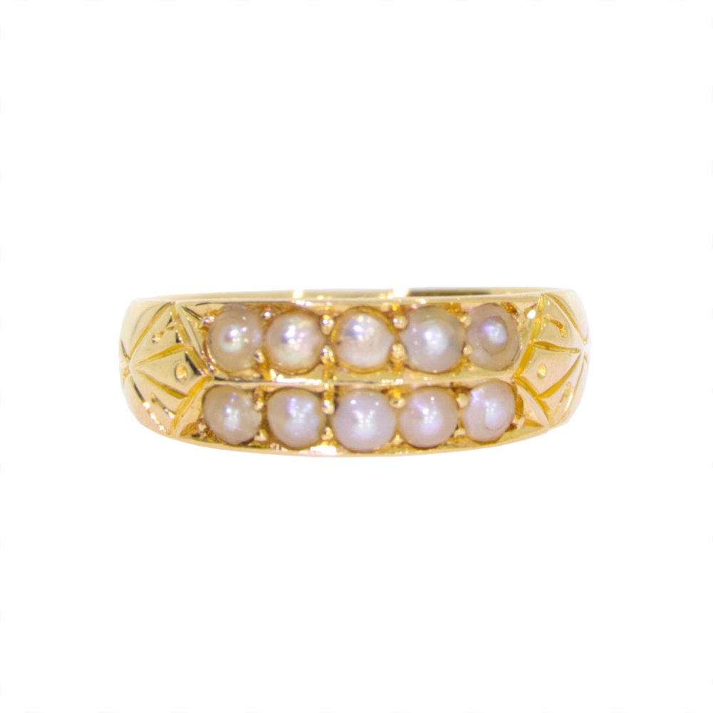 Seed Pearl two row dress ring, 18ct yellow gold mount, Birmingham 1882