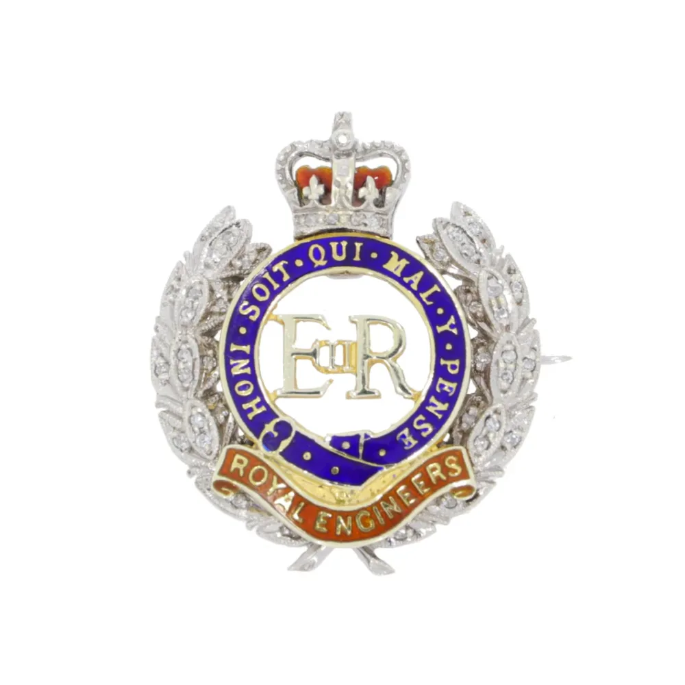 Royal Engineers diamond and enamel Regimental brooch 9ct white gold