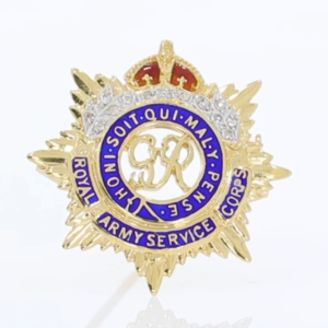 Royal Army Service Corps diamond and enamel Regimental brooch Platinum and 14ct yellow gold mount video