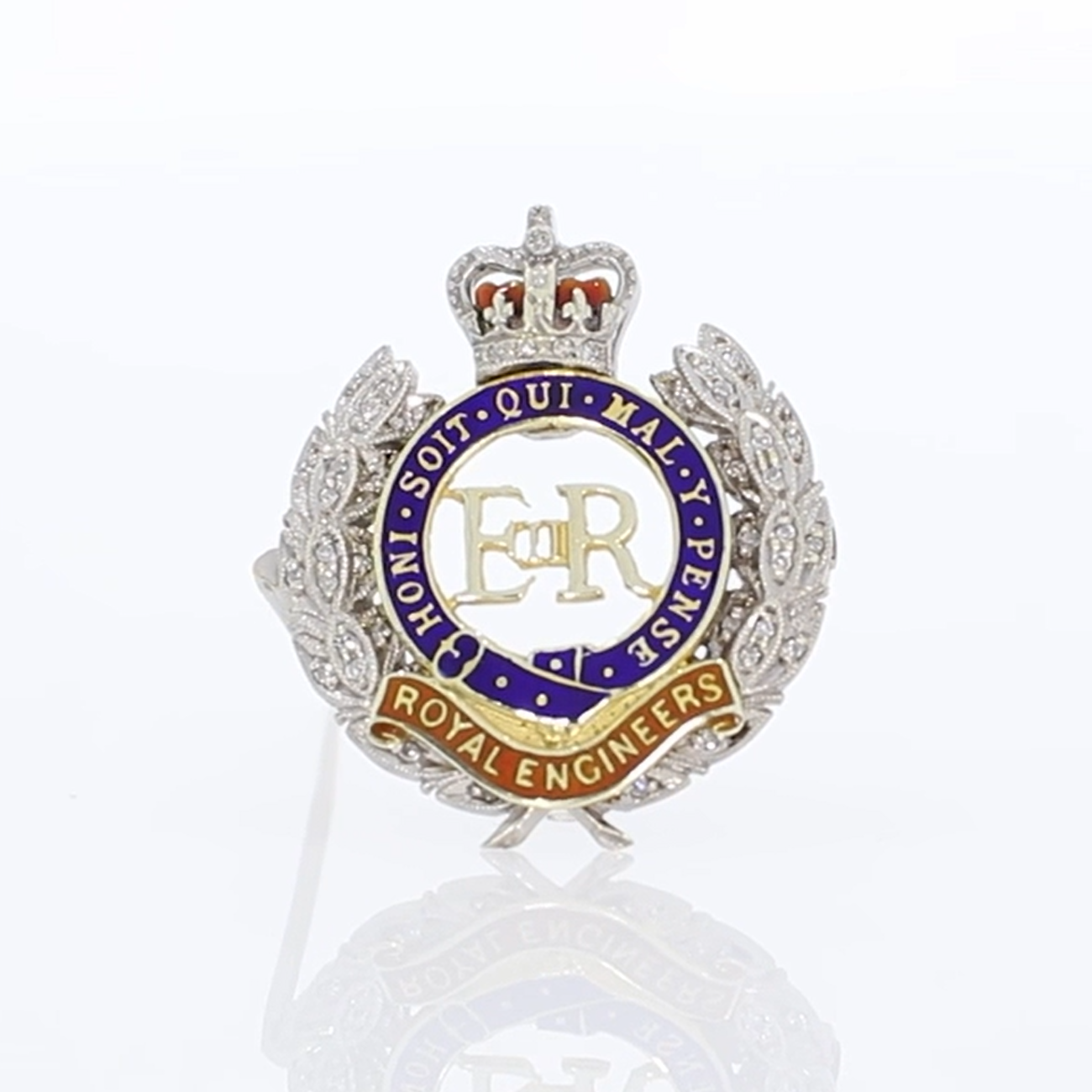 Royal Engineers diamond and enamel Regimental brooch 9ct white gold video