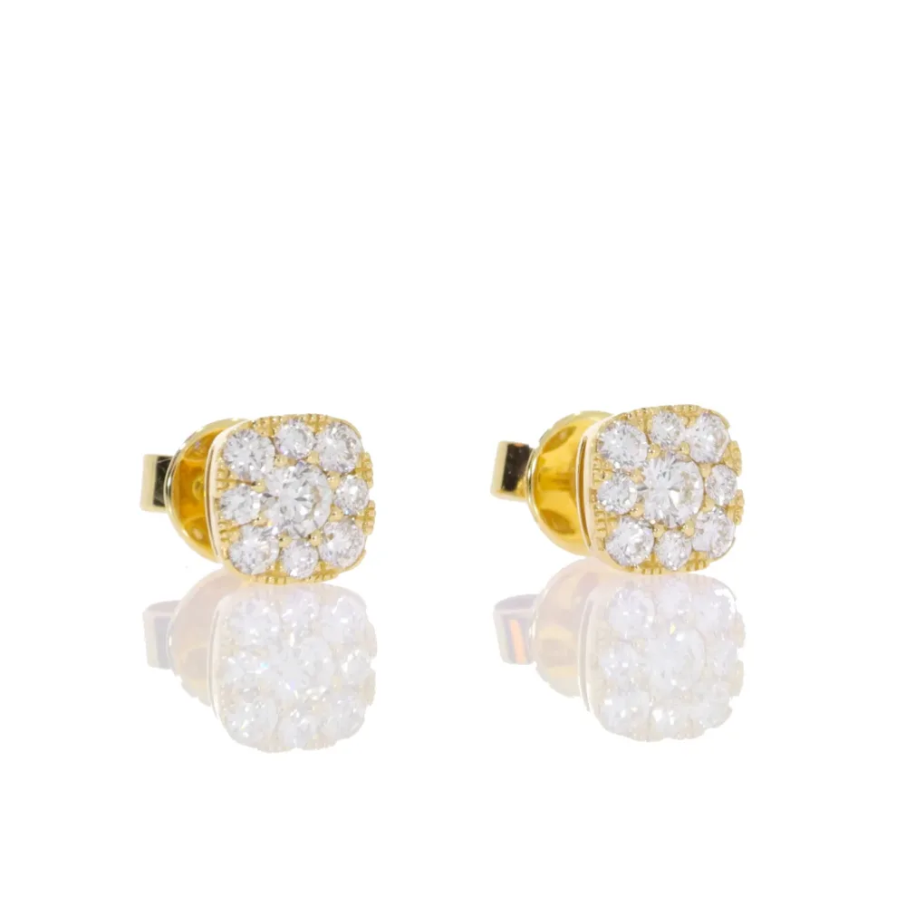 Diamond Cushion Cluster Earrings 0.85ct 18ct Yellow Gold Mounts