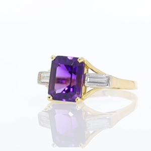 Amethyst and diamond three stone ring, 18ct yellow gold mount video