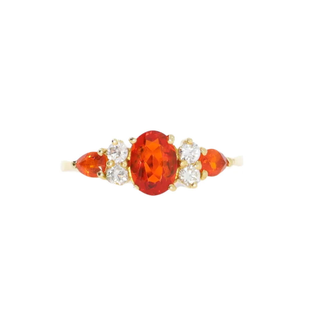 Fire opal and diamond seven stone dress ring, 18ct yellow gold mount