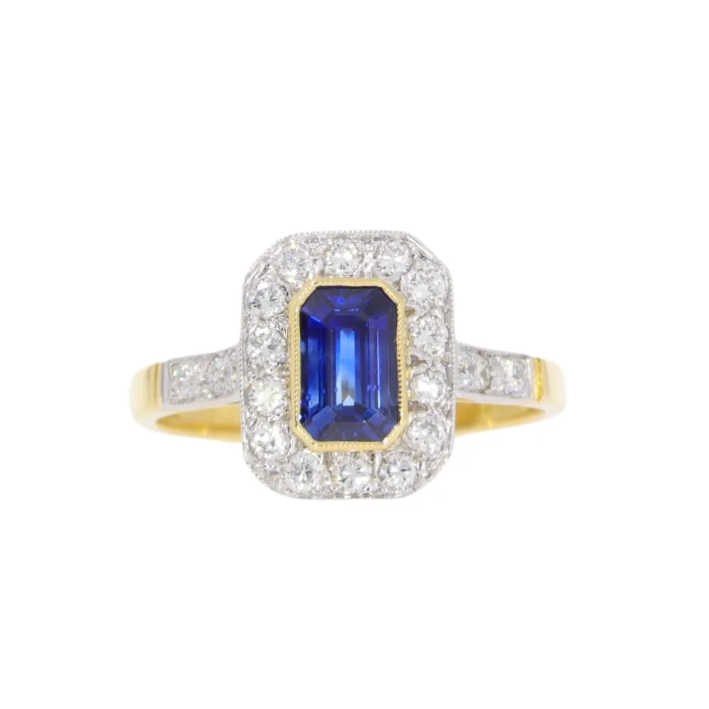 Sapphire and diamond millegrain cluster ring, 18ct yellow gold mount