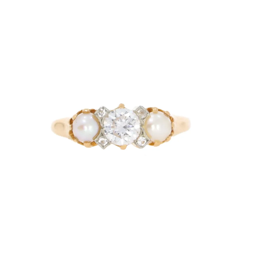 Real pearl and diamond three stone ring, 18ct yellow gold mount