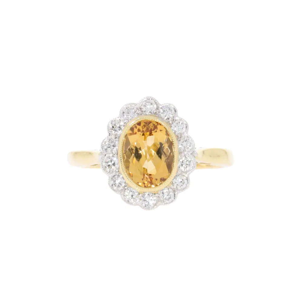 Topaz and diamond millegrain cluster ring, 18ct yellow gold mount
