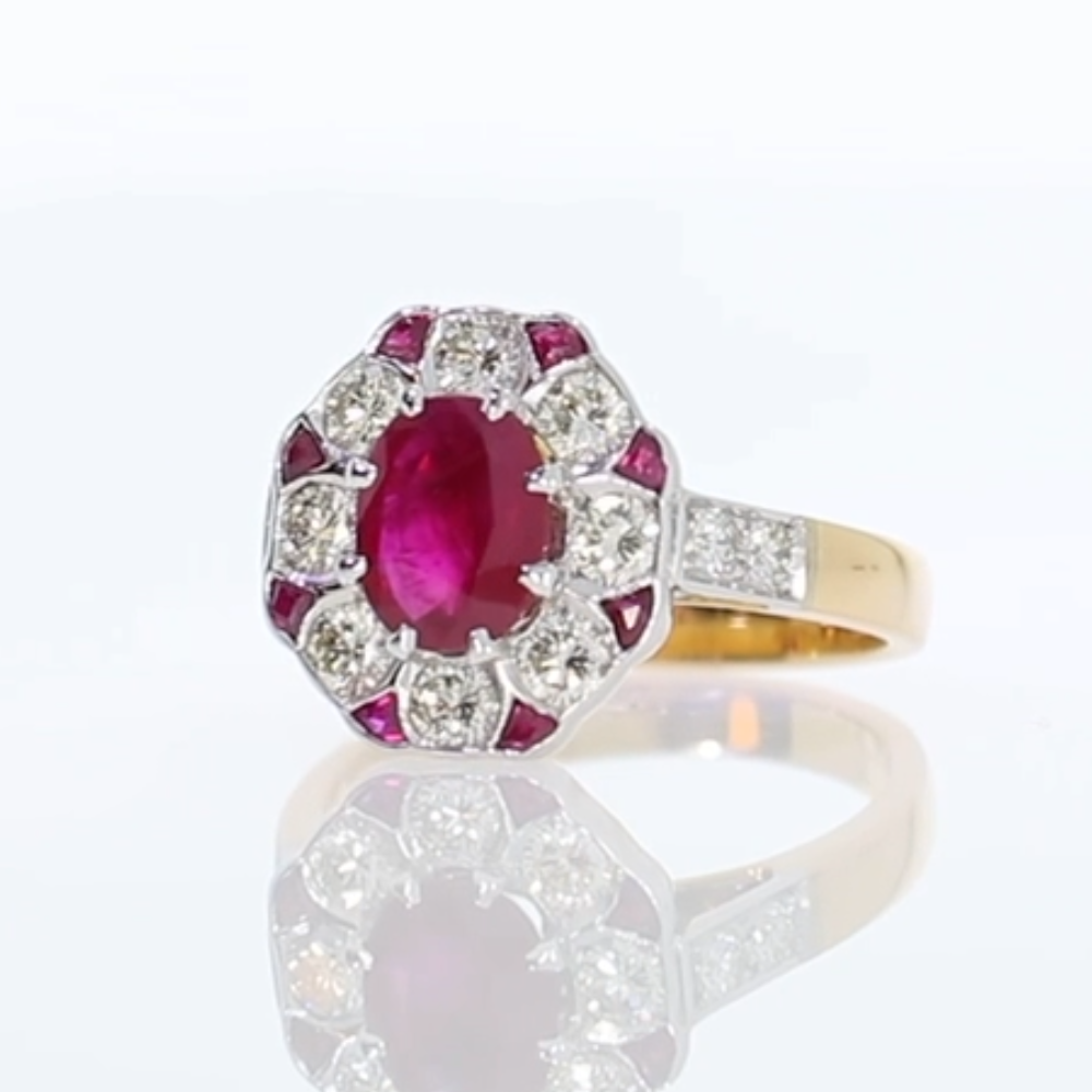 Ruby and diamond fancy cluster ring, 18ct yellow gold mount video