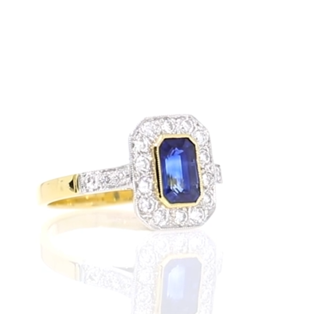 Sapphire and diamond millegrain cluster ring, 18ct yellow gold mount video