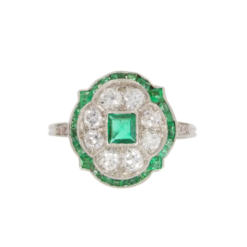 Emerald and diamond Art Deco French cluster ring, platinum mount