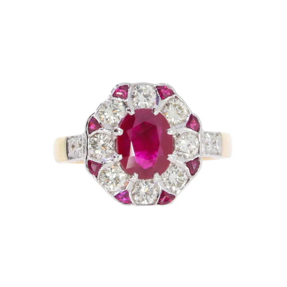 Ruby and diamond fancy cluster ring, 18ct yellow gold mount