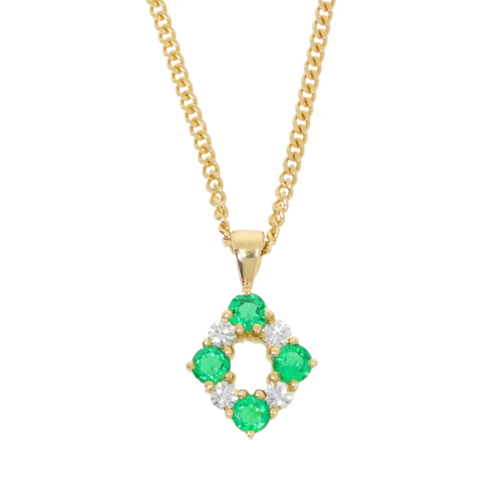 Emerald and diamond eight stone cluster pendant, 18ct yellow gold mount and necklet