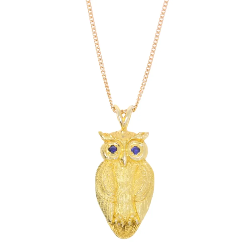 9ct yellow gold owl pendant with sapphire eyes and necklet