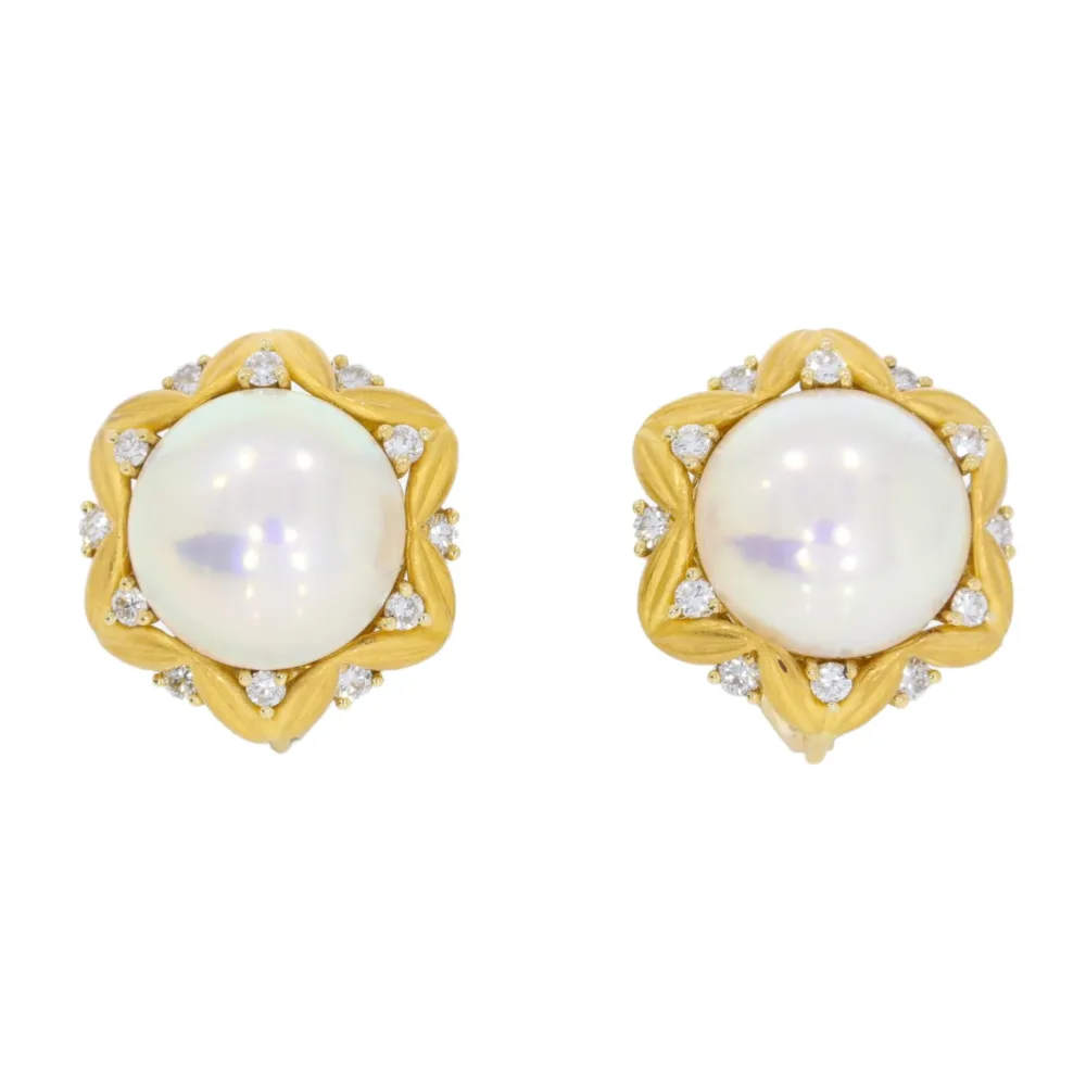 Mabe Cultured Pearl, 18ct yellow gold and diamond cluster earrings