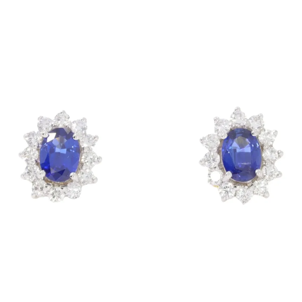 Sapphire and diamond cluster earrings, 18ct white gold mounts