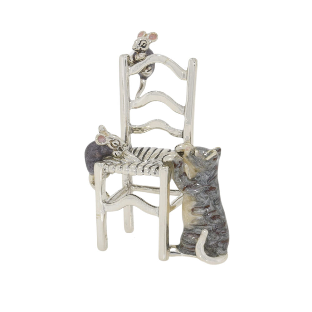 Saturno Sterling Silver and Enamel Cat, mice and chair Ornament