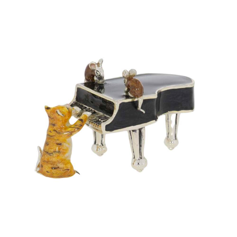 Saturno Sterling silver and enamel Cat and Mice playing Grand Piano Ornament