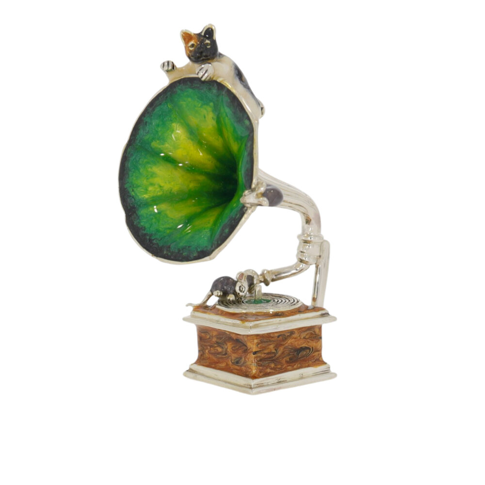 Saturno Sterling Silver and Enamel Cat and mice on Gramophone Ornament