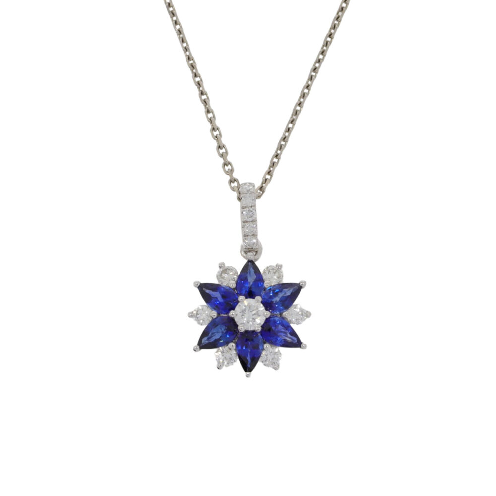 Sapphire and Diamond cluster pendant, 18ct white gold mount and necklet