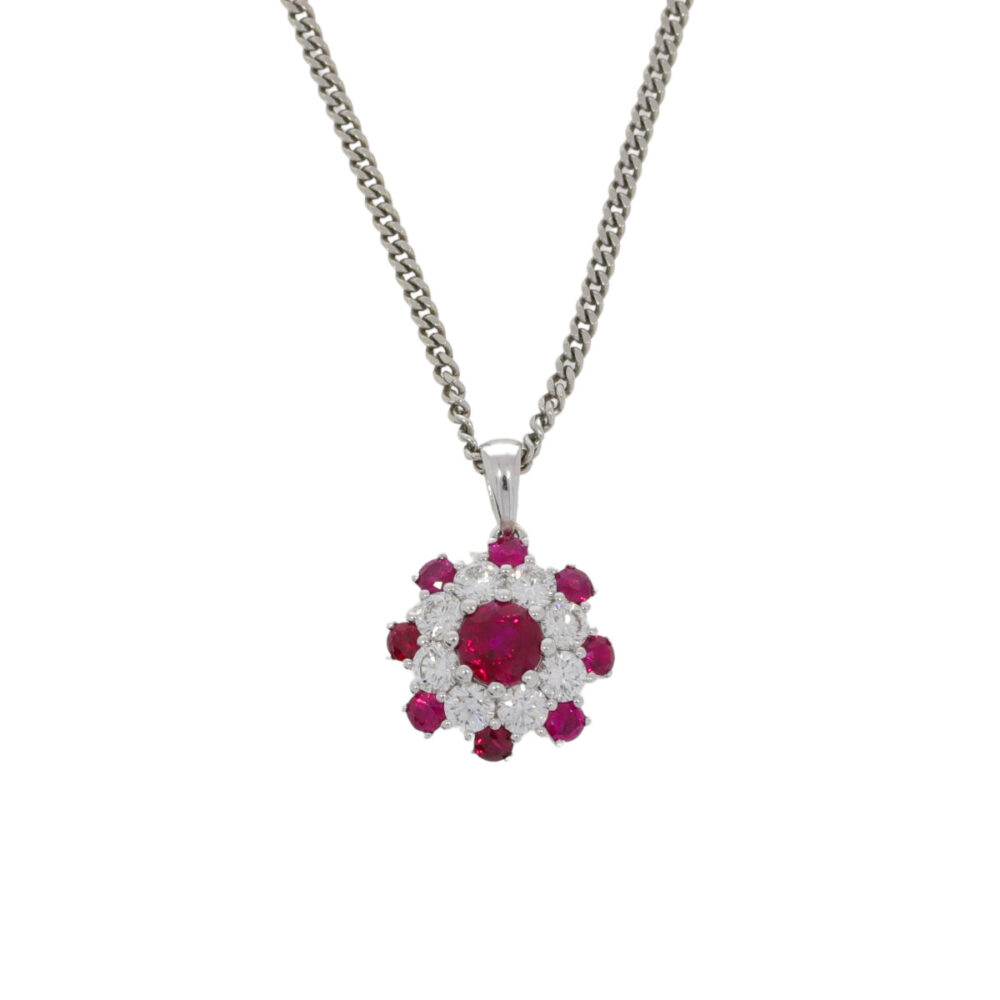 Ruby and diamond fancy cluster pendant, 18ct white gold mount and necklet