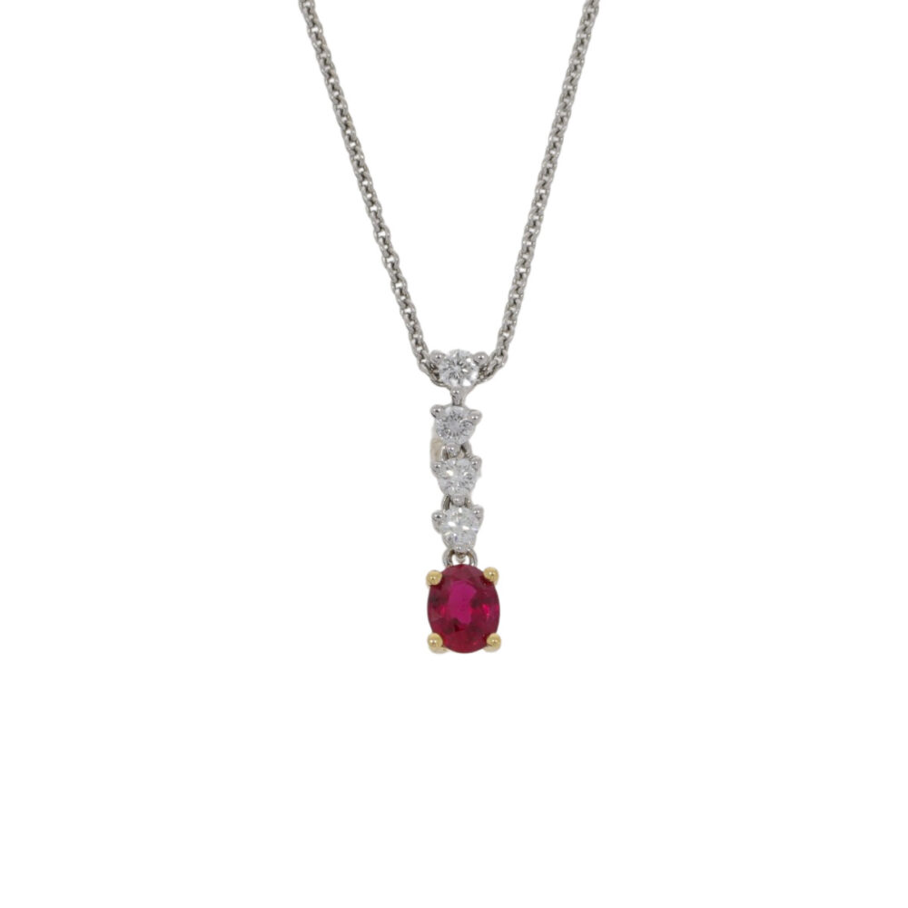 Ruby and diamond drop pendant, 18ct white gold mount and necklet