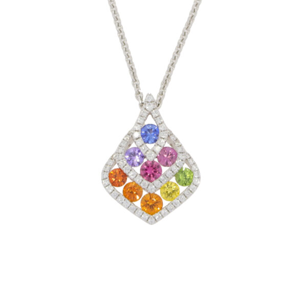 Multi coloured Sapphire and Diamond pendant, 18ct white gold mount and necklet