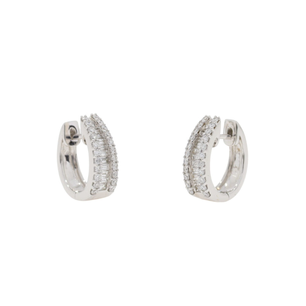 Diamond baguette and brilliant cut graduated hoop earrings, 18ct white gold mounts