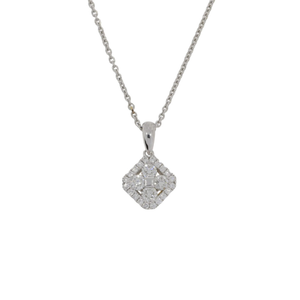 Diamond square cluster pendant, 18ct white gold mount and necklet