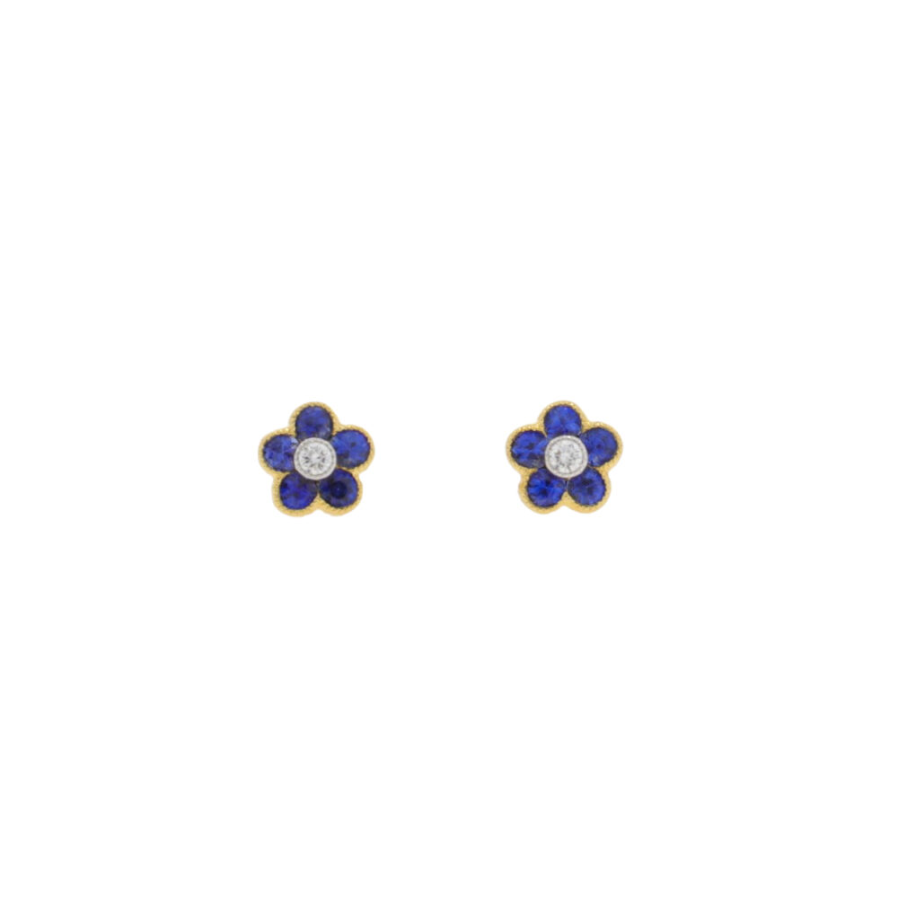 Sapphire and diamond 6 stone millegrain cluster earrings, 18ct gold mounts