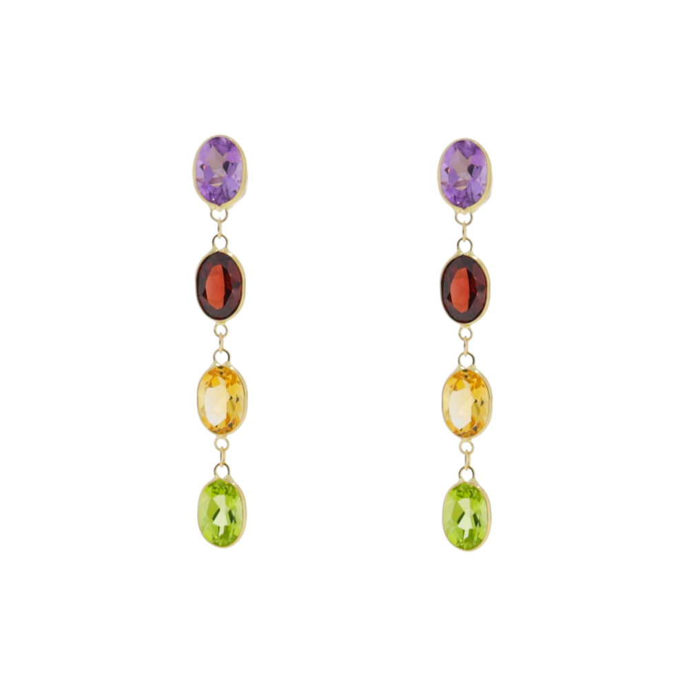 Multi gemstone long drop earrings, 18ct yellow gold mounts