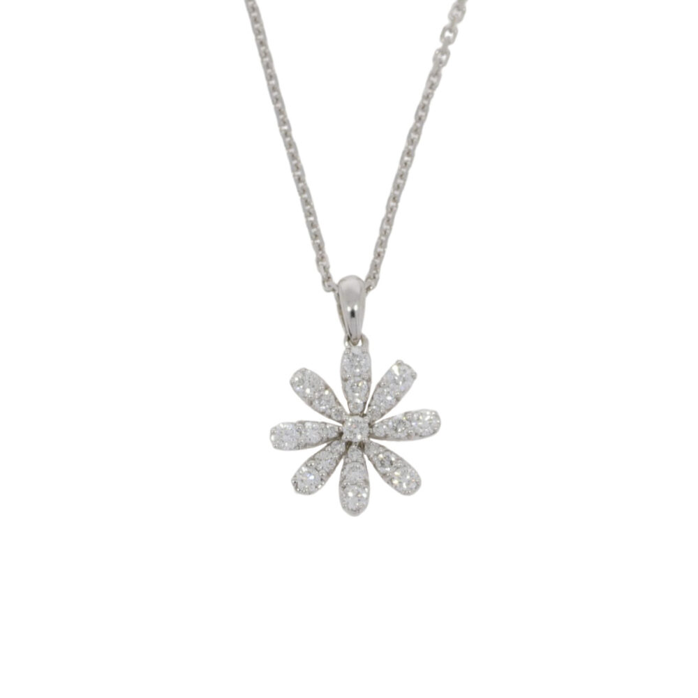 Diamond flower pendant, 18ct white gold mount and necklet