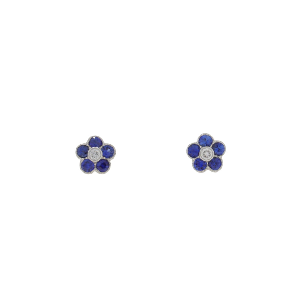 Sapphire and diamond 6 stone millegrain cluster earrings, 18ct white gold mounts