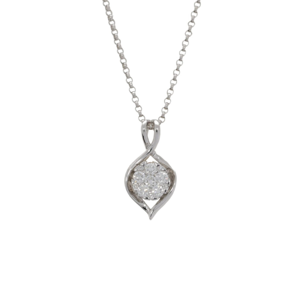 Diamond cluster pendant, 18ct white gold fancy mount and necklet