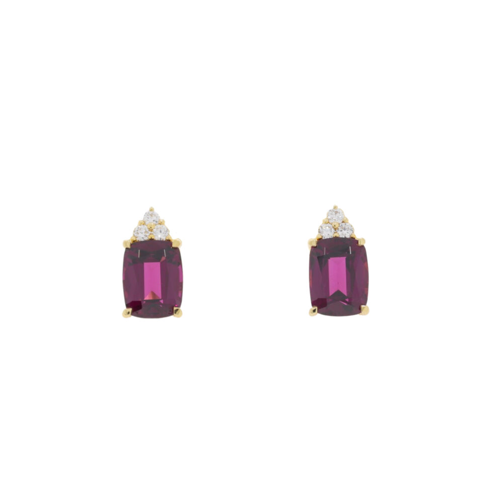 Rhodolite Garnet single stone earrings and diamond trefoil tops, 18ct gold mounts