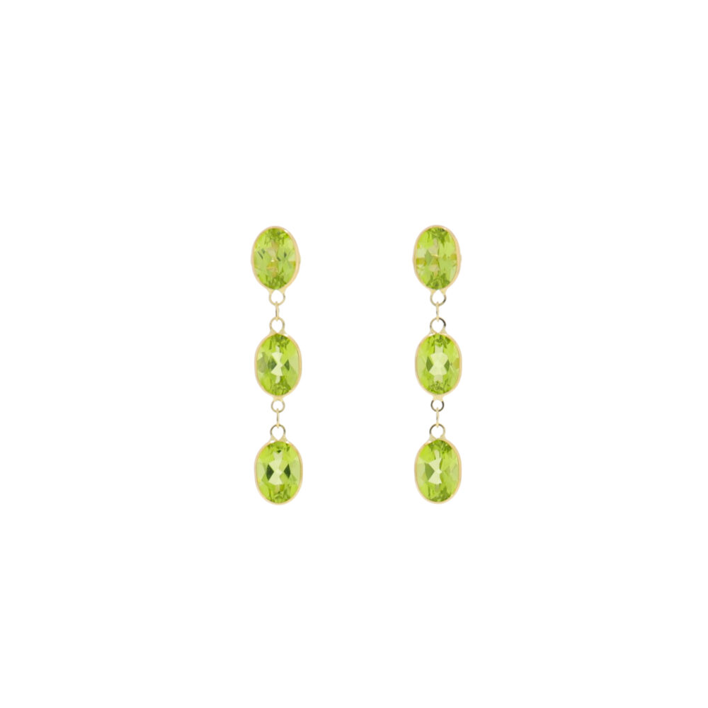 Peridot three stone long drop earrings, 18ct yellow gold mounts