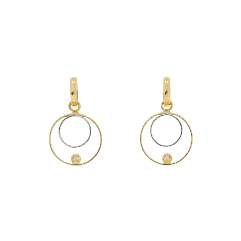 18ct Yellow and white gold twin circle drop earrings with diamond centre.