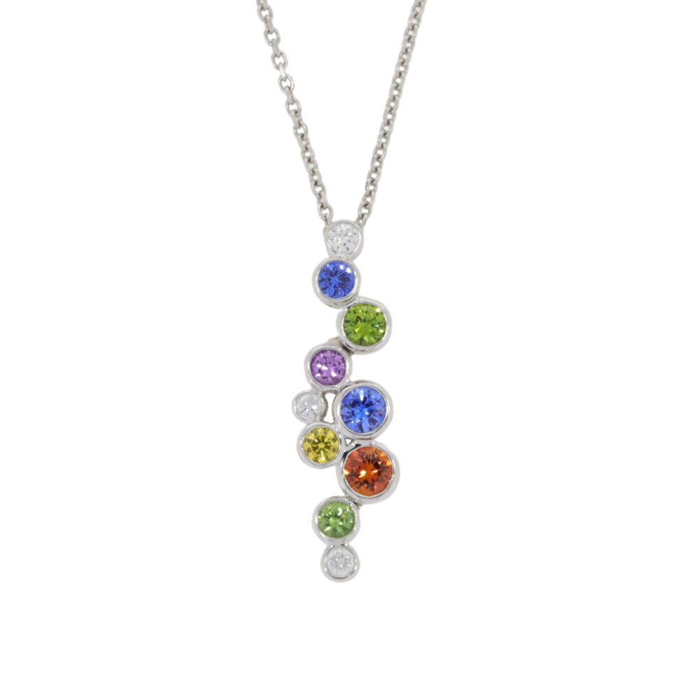 Multi coloured Sapphire and diamond cascade pendant, 18ct white gold mount and necklet