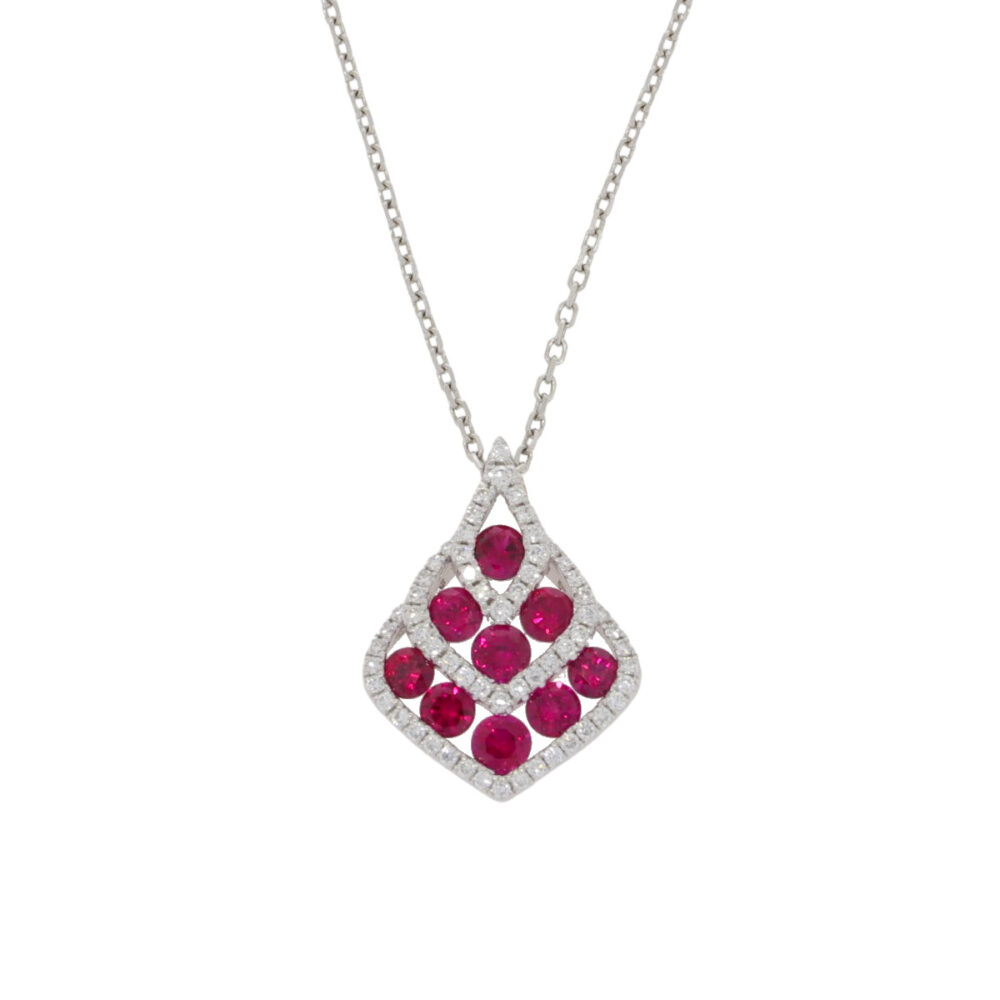 Ruby and Diamond pendant, 18ct white gold mount and necklet