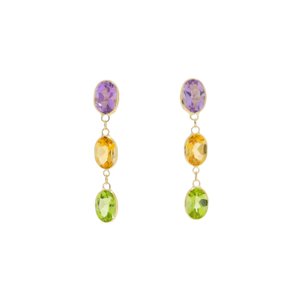 Multi gemstone long drop earrings, 18ct yellow gold mounts