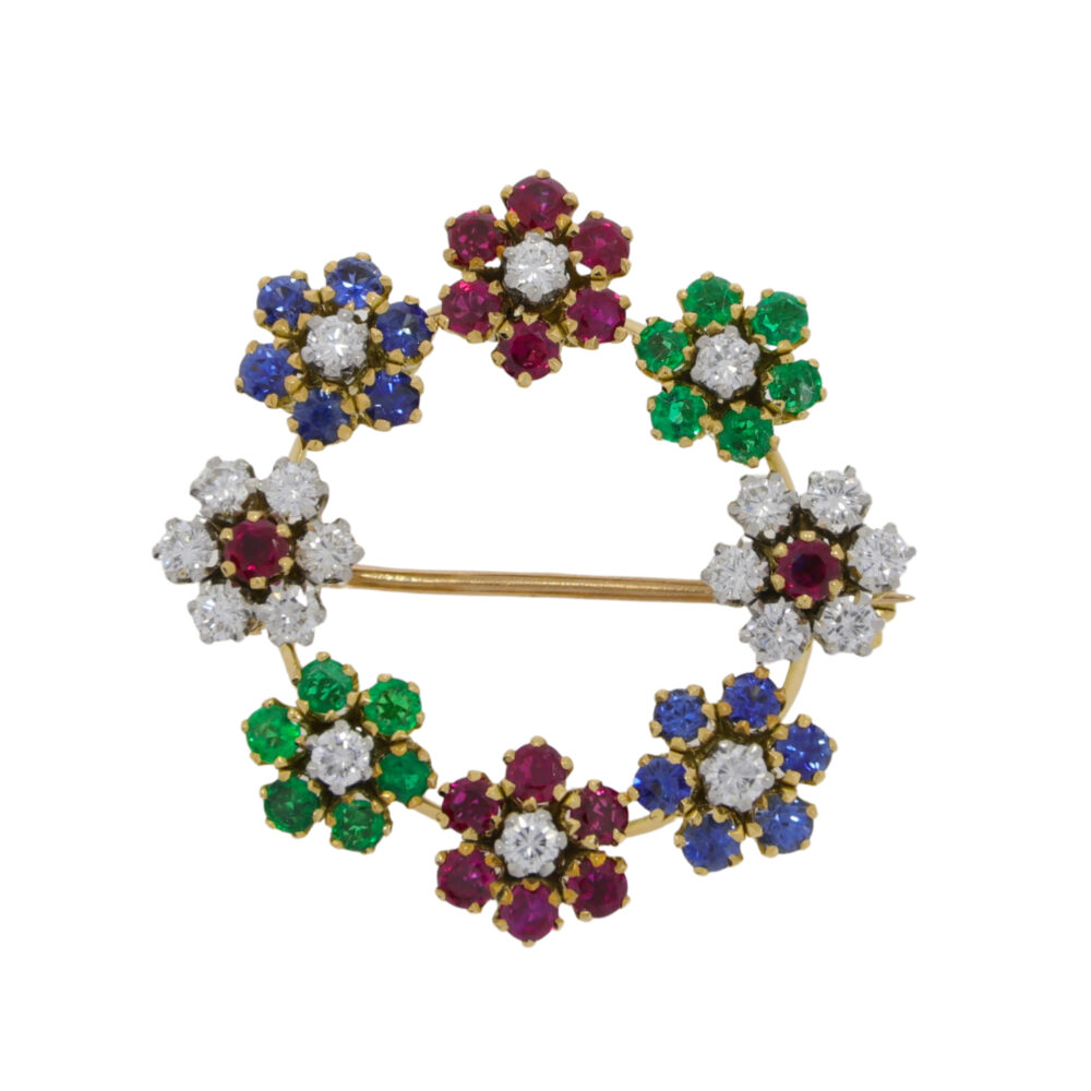 Ruby, Sapphire, Emerald and diamond cluster open circle brooch