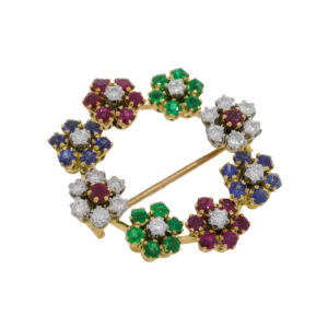 J463.2 Emerald,sapphire, ruby and dimaond circle brooch side