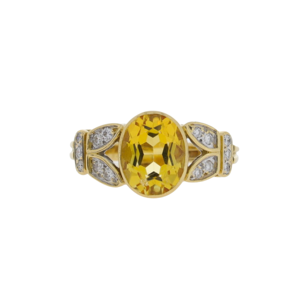 Citrine single stone ring, with diamond set fancy shoulders, 18ct gold mount