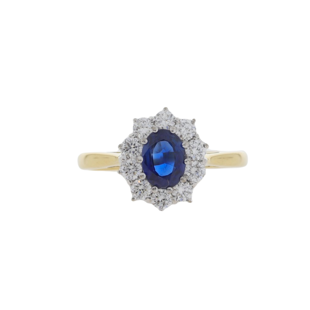 Sapphire and diamond oval 10 stone cluster ring, 18ct gold mount