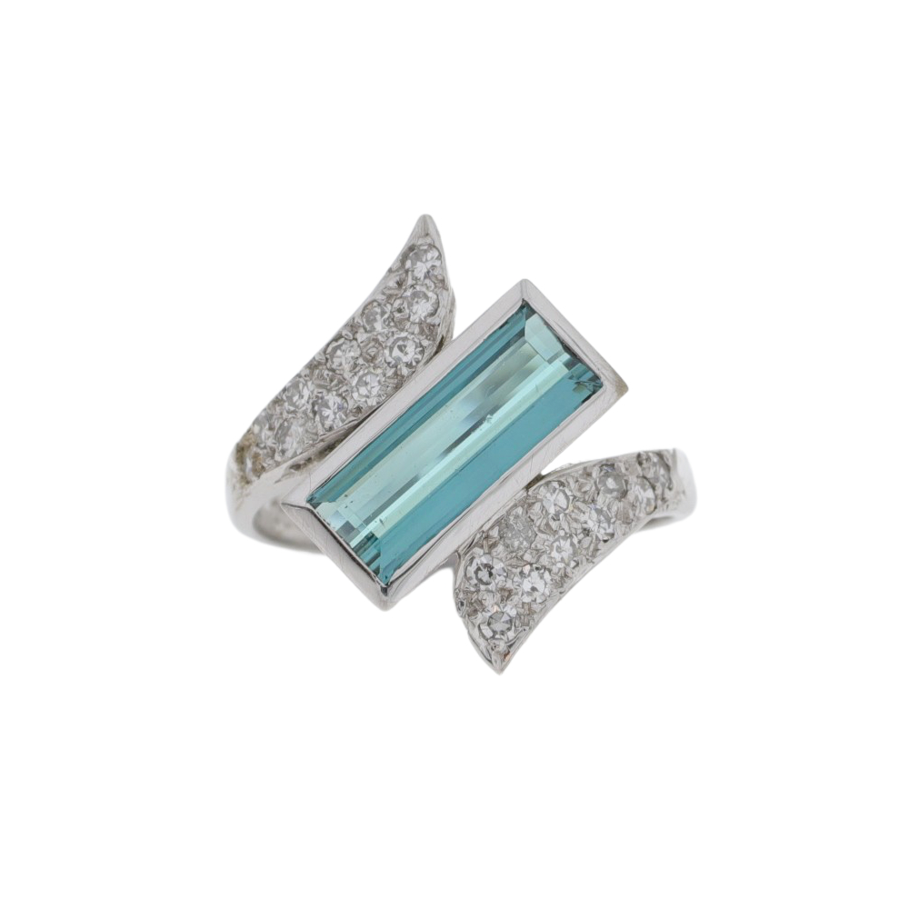 Indicolite Tourmaline single stone ring, with diamond pave crossover shoulders, 18ct white gold mount